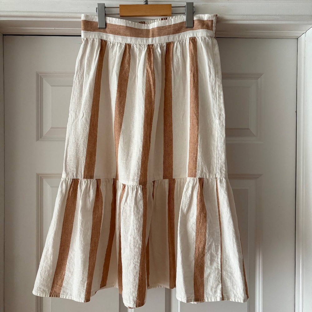 Madewell Ruffle Hem Linen Striped Midi Skirt
